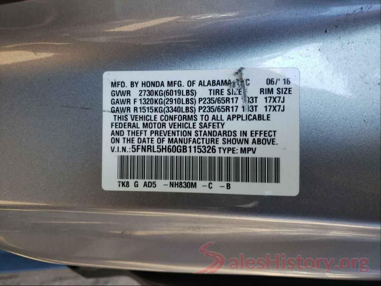 5FNRL5H60GB115326 2016 HONDA ODYSSEY