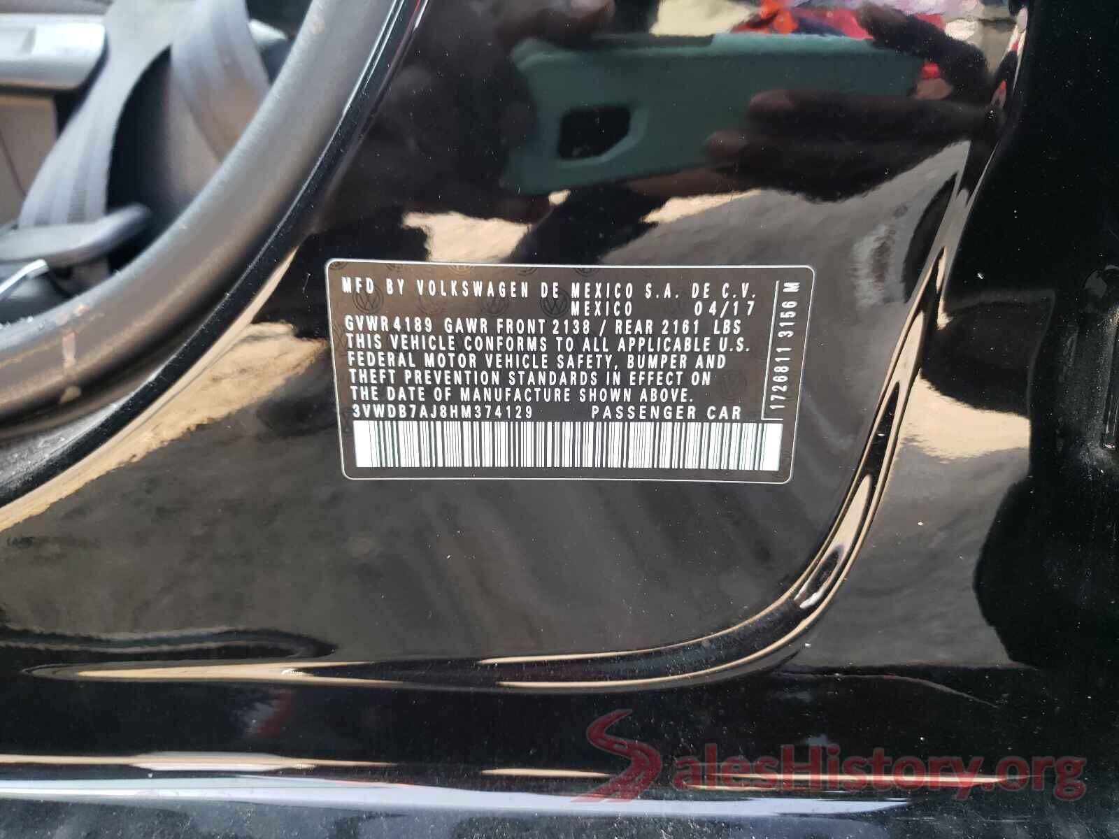 3VWDB7AJ8HM374129 2017 VOLKSWAGEN JETTA