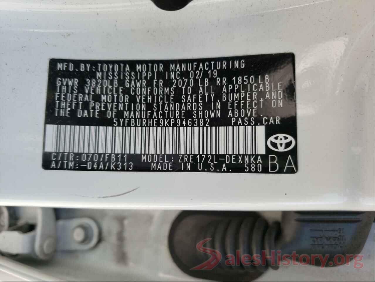 5YFBURHE9KP946382 2019 TOYOTA COROLLA