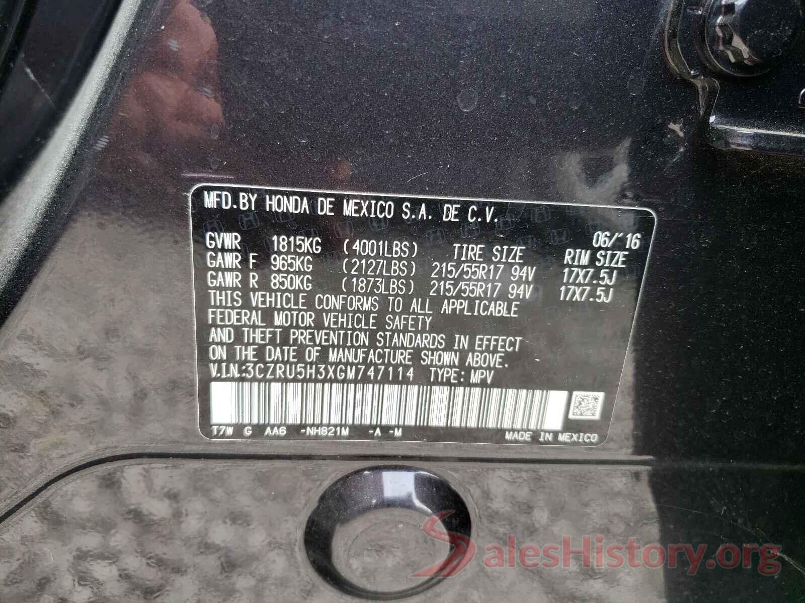 3CZRU5H3XGM747114 2016 HONDA HR-V