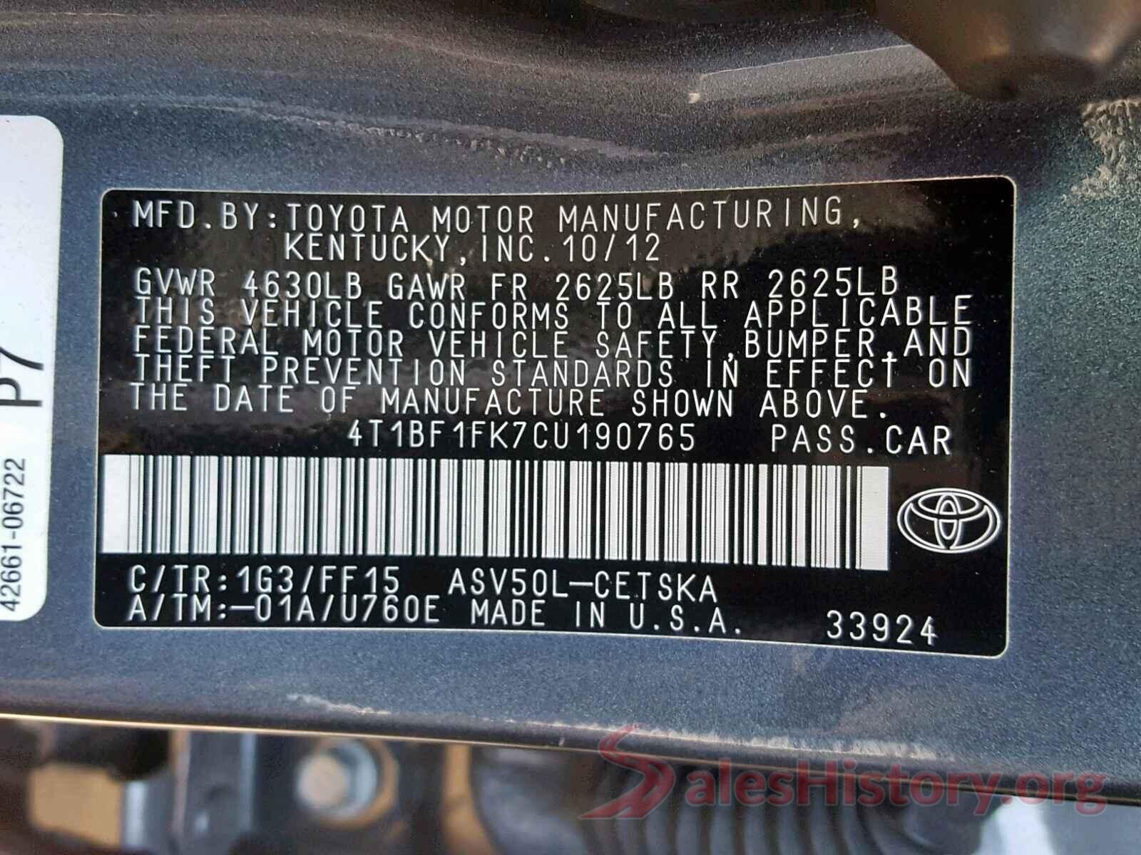 4T1BF1FK7CU190765 2012 TOYOTA CAMRY BASE