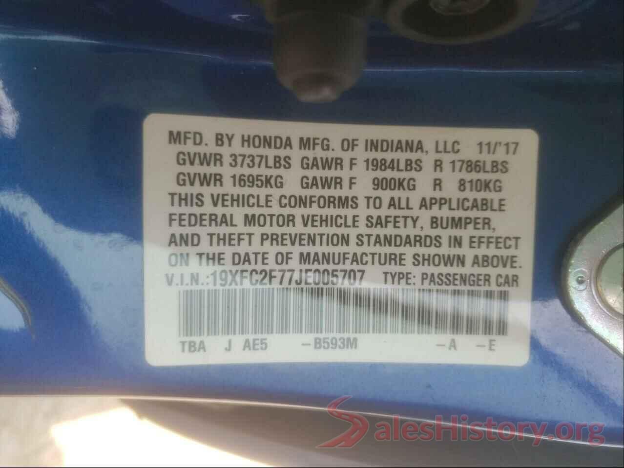 19XFC2F77JE005707 2018 HONDA CIVIC