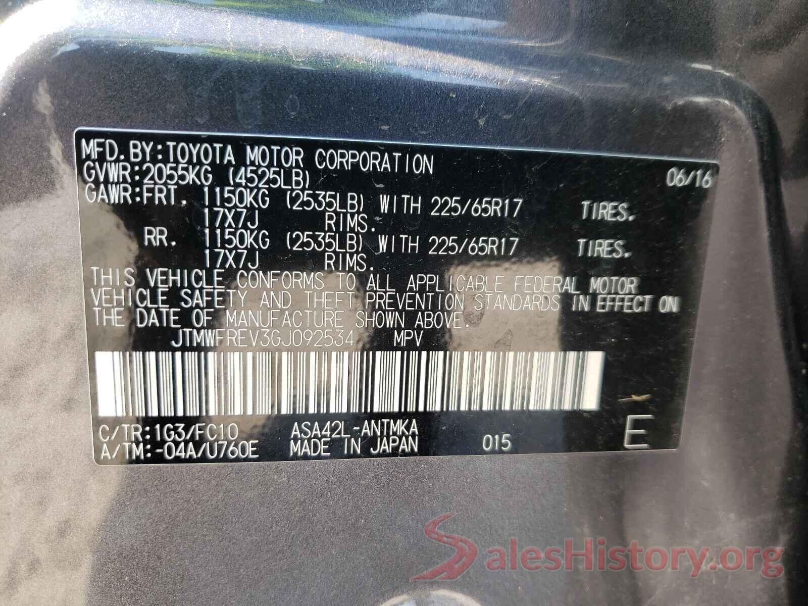 JTMWFREV3GJ092534 2016 TOYOTA RAV4