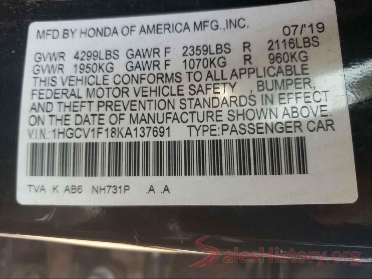 1HGCV1F18KA137691 2019 HONDA ACCORD