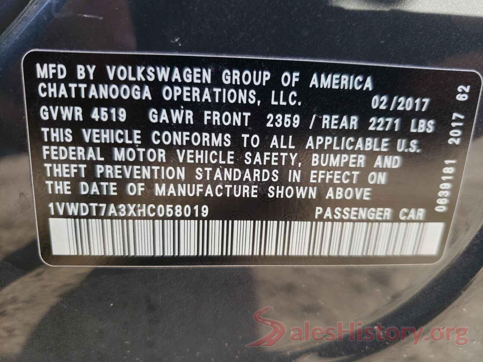 1VWDT7A3XHC058019 2017 VOLKSWAGEN PASSAT