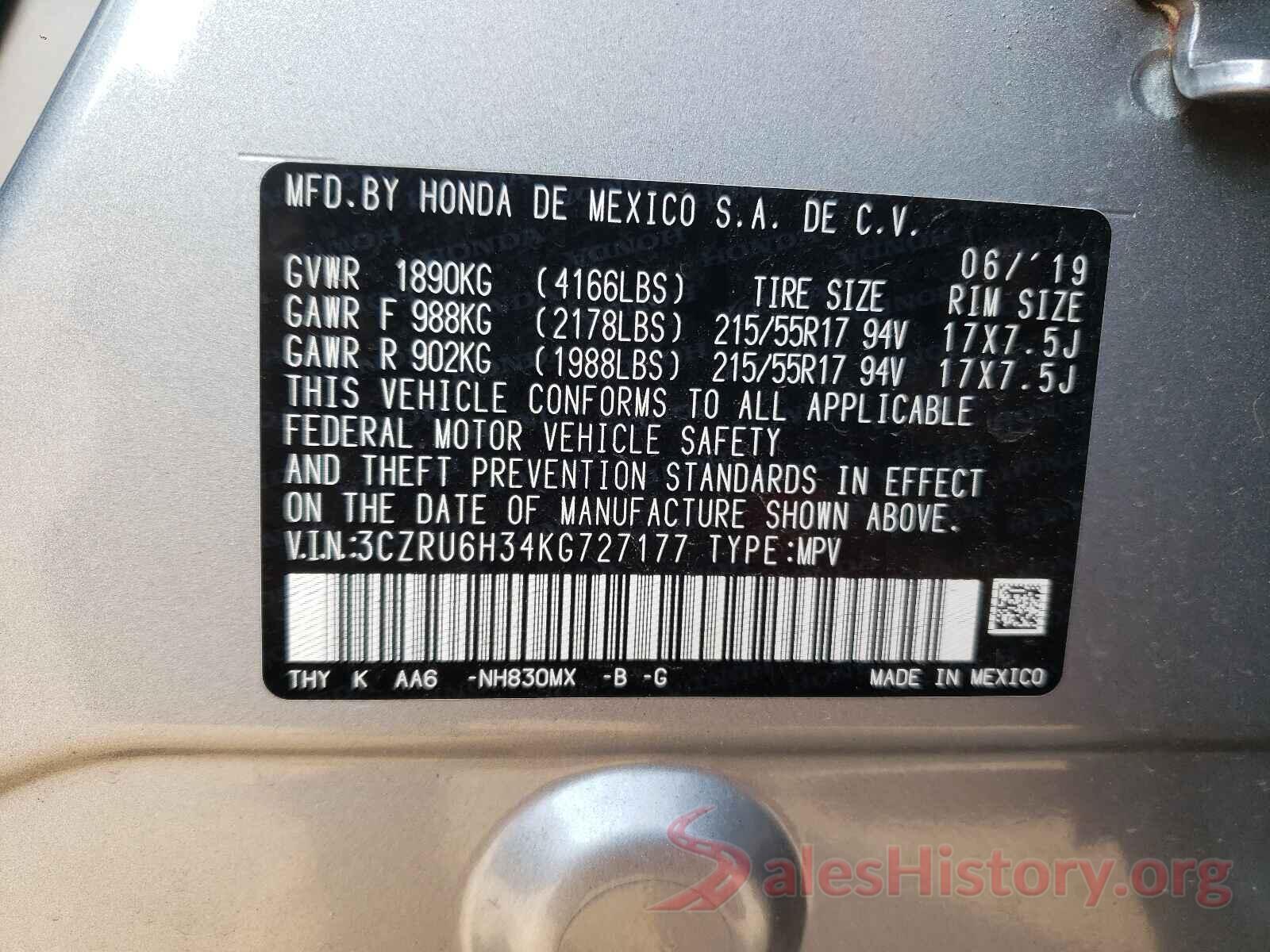 3CZRU6H34KG727177 2019 HONDA HR-V