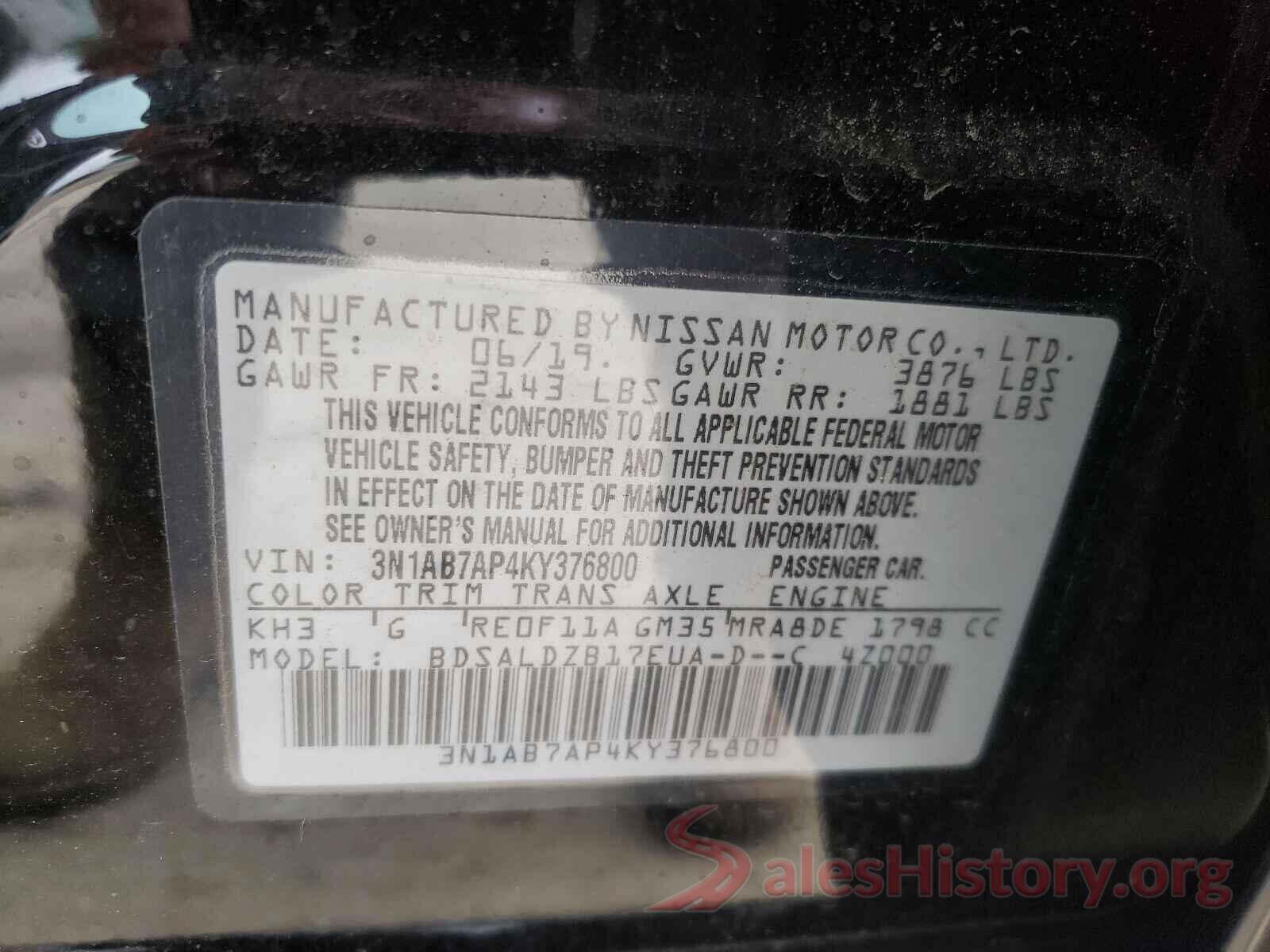 3N1AB7AP4KY376800 2019 NISSAN SENTRA