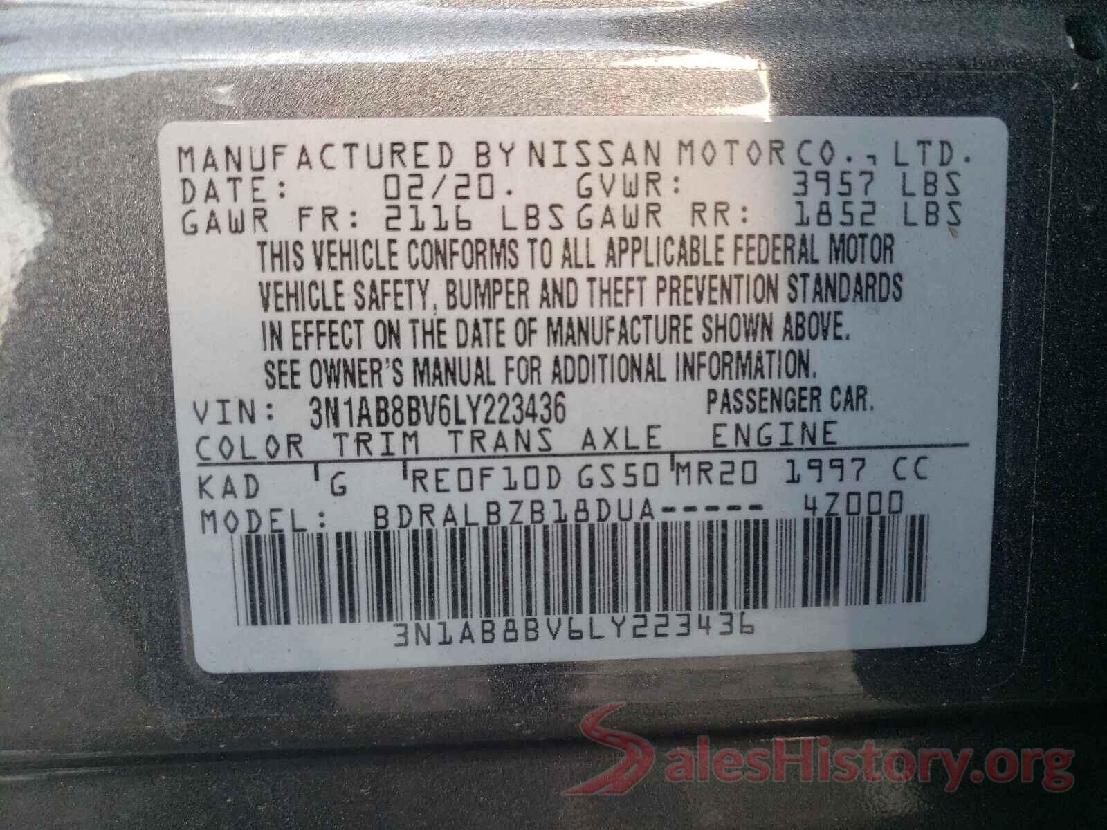 3N1AB8BV6LY223436 2020 NISSAN SENTRA