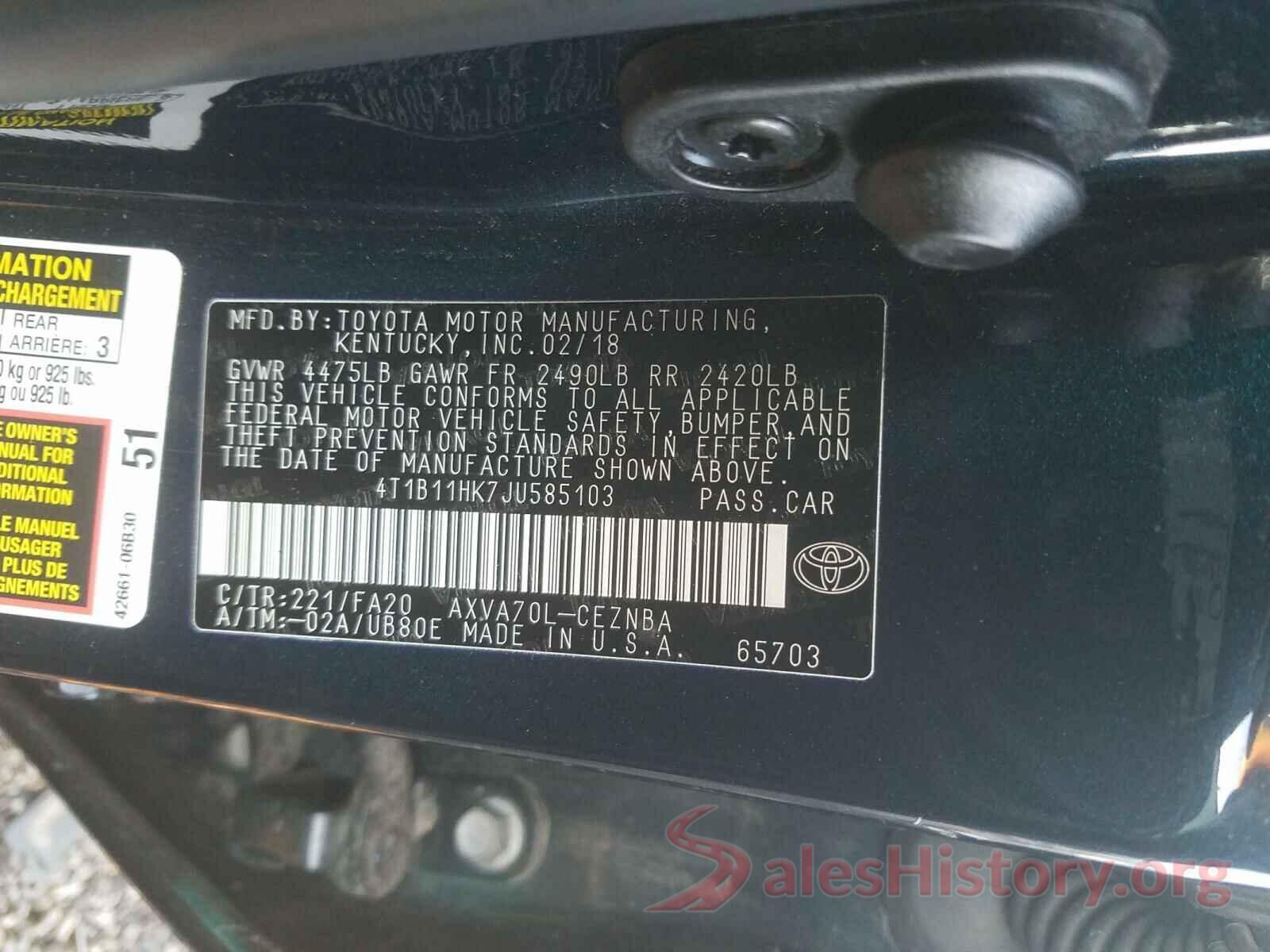 4T1B11HK7JU585103 2018 TOYOTA CAMRY