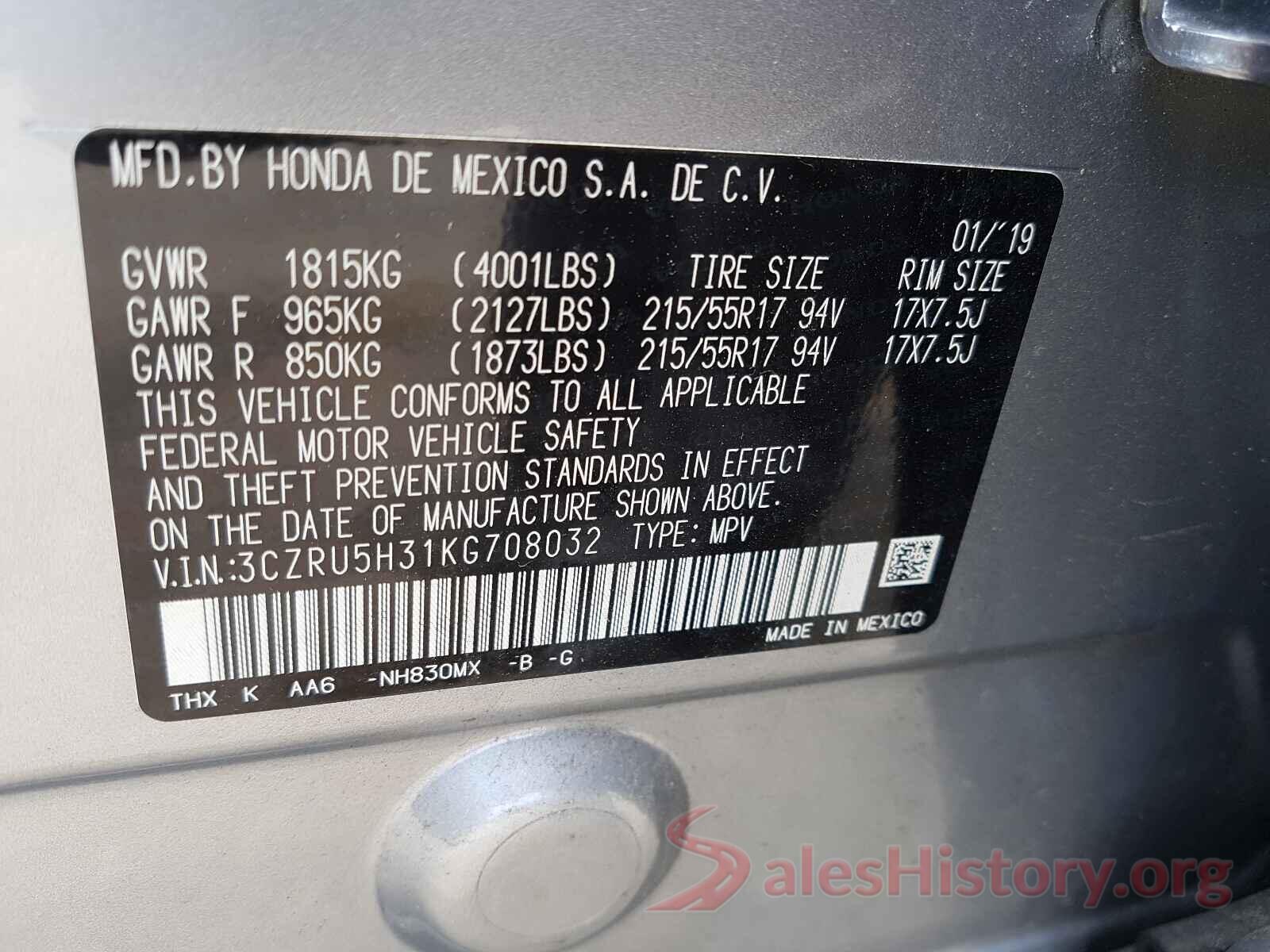 3CZRU5H31KG708032 2019 HONDA HR-V