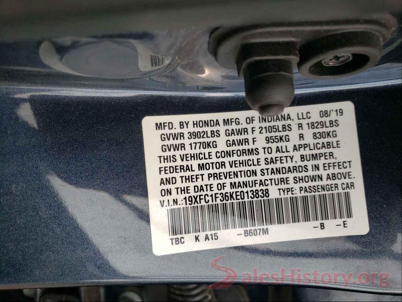 19XFC1F36KE013838 2019 HONDA CIVIC