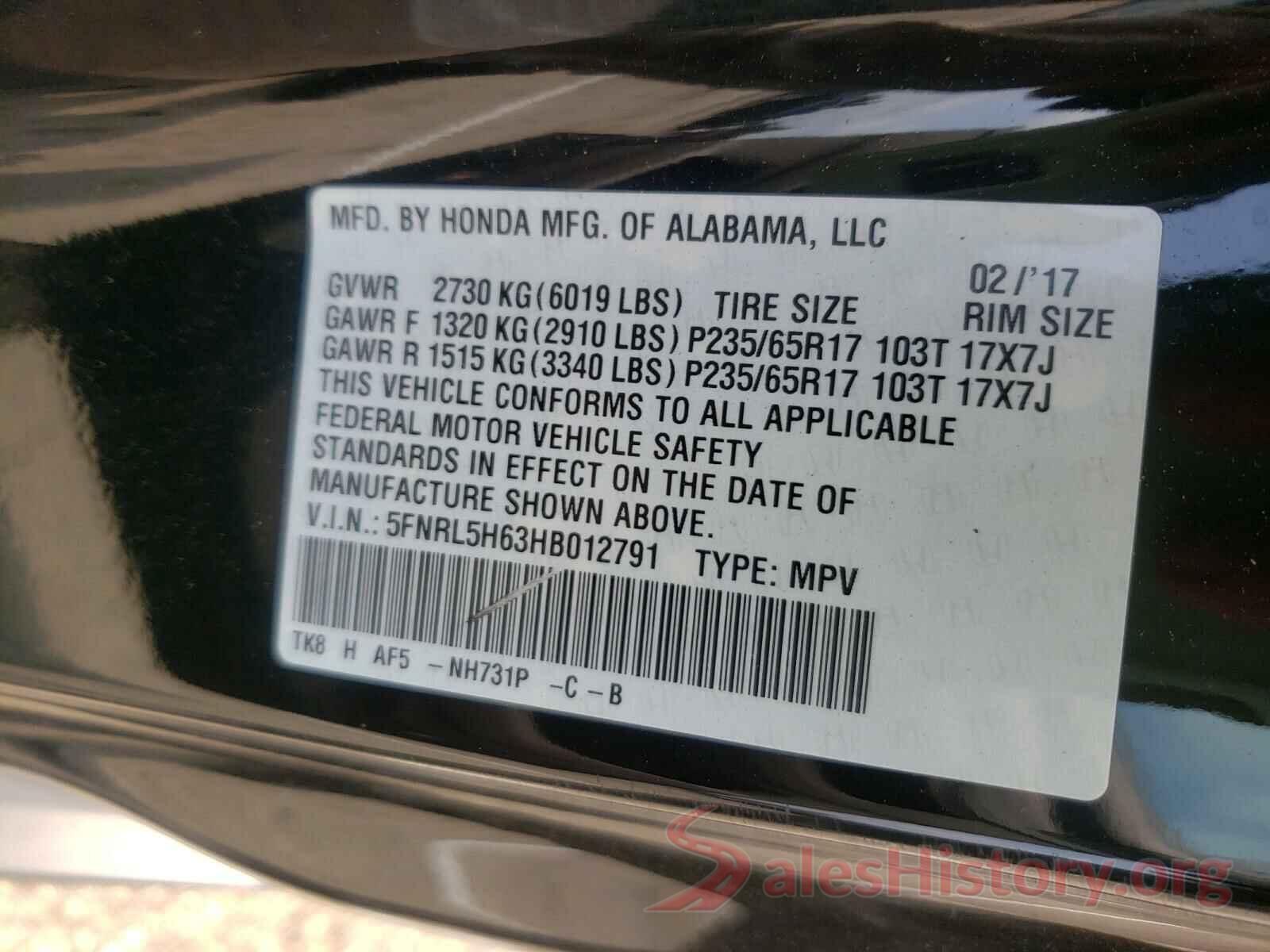 5FNRL5H63HB012791 2017 HONDA ODYSSEY