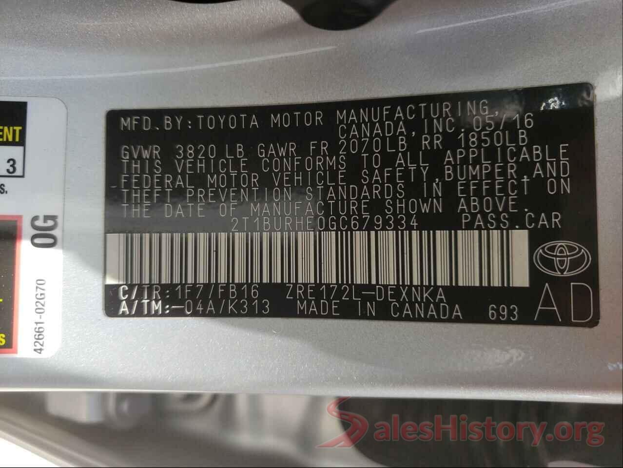 2T1BURHE0GC679334 2016 TOYOTA COROLLA