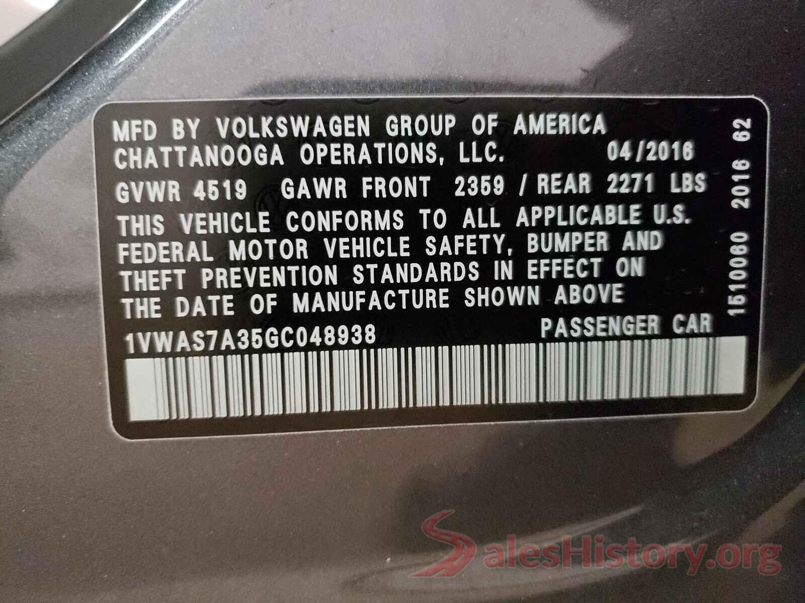 1VWAS7A35GC048938 2016 VOLKSWAGEN PASSAT