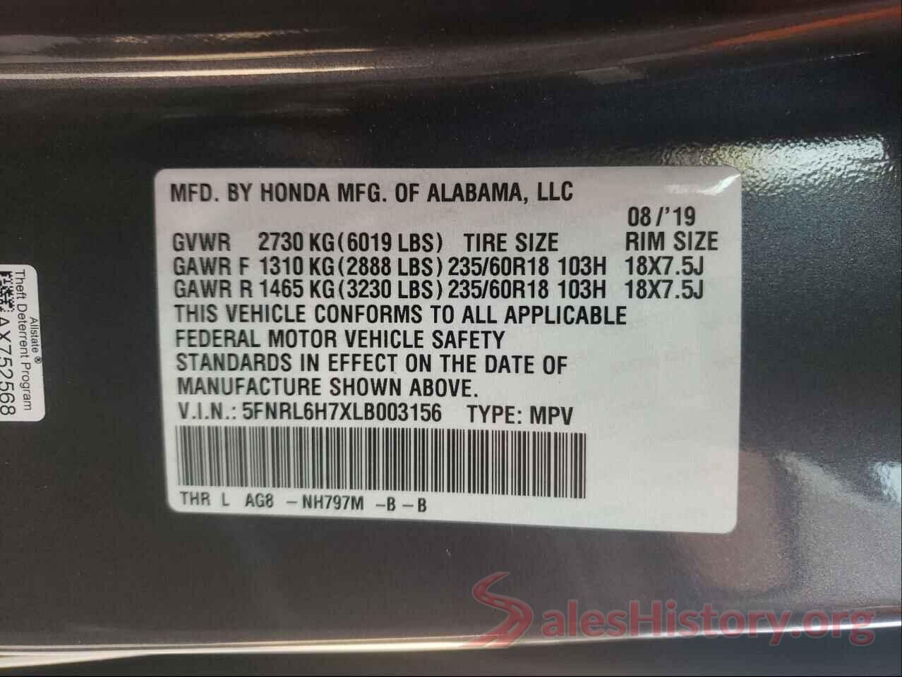 5FNRL6H7XLB003156 2020 HONDA ODYSSEY