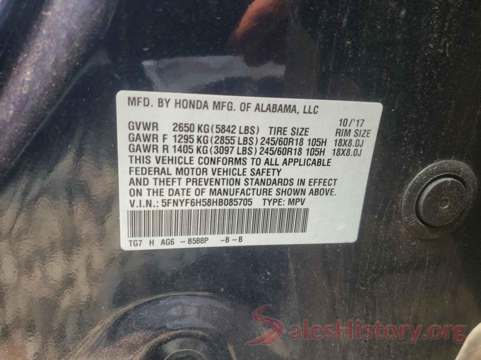 5FNYF6H58HB085705 2017 HONDA PILOT