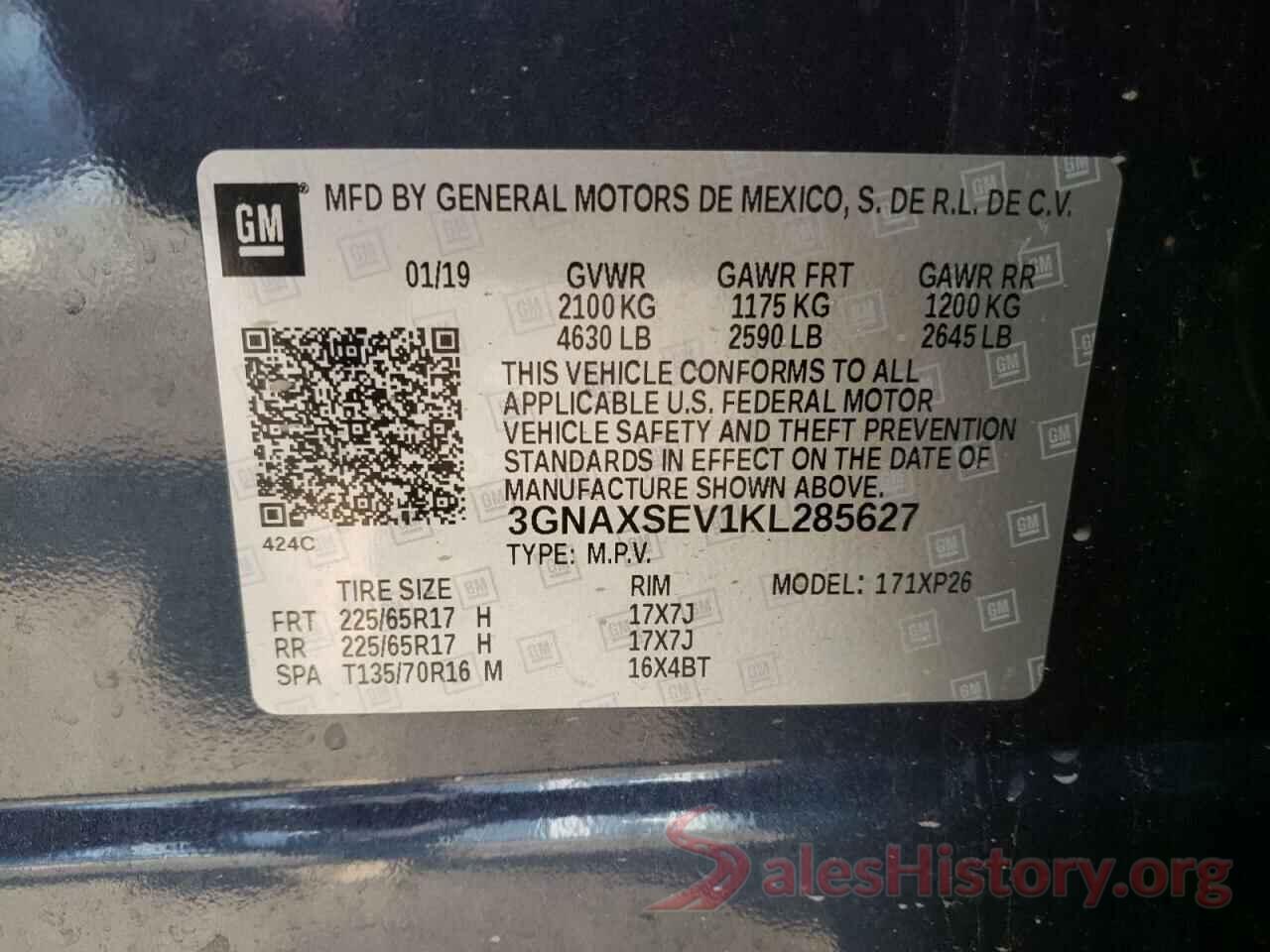 3GNAXSEV1KL285627 2019 CHEVROLET EQUINOX