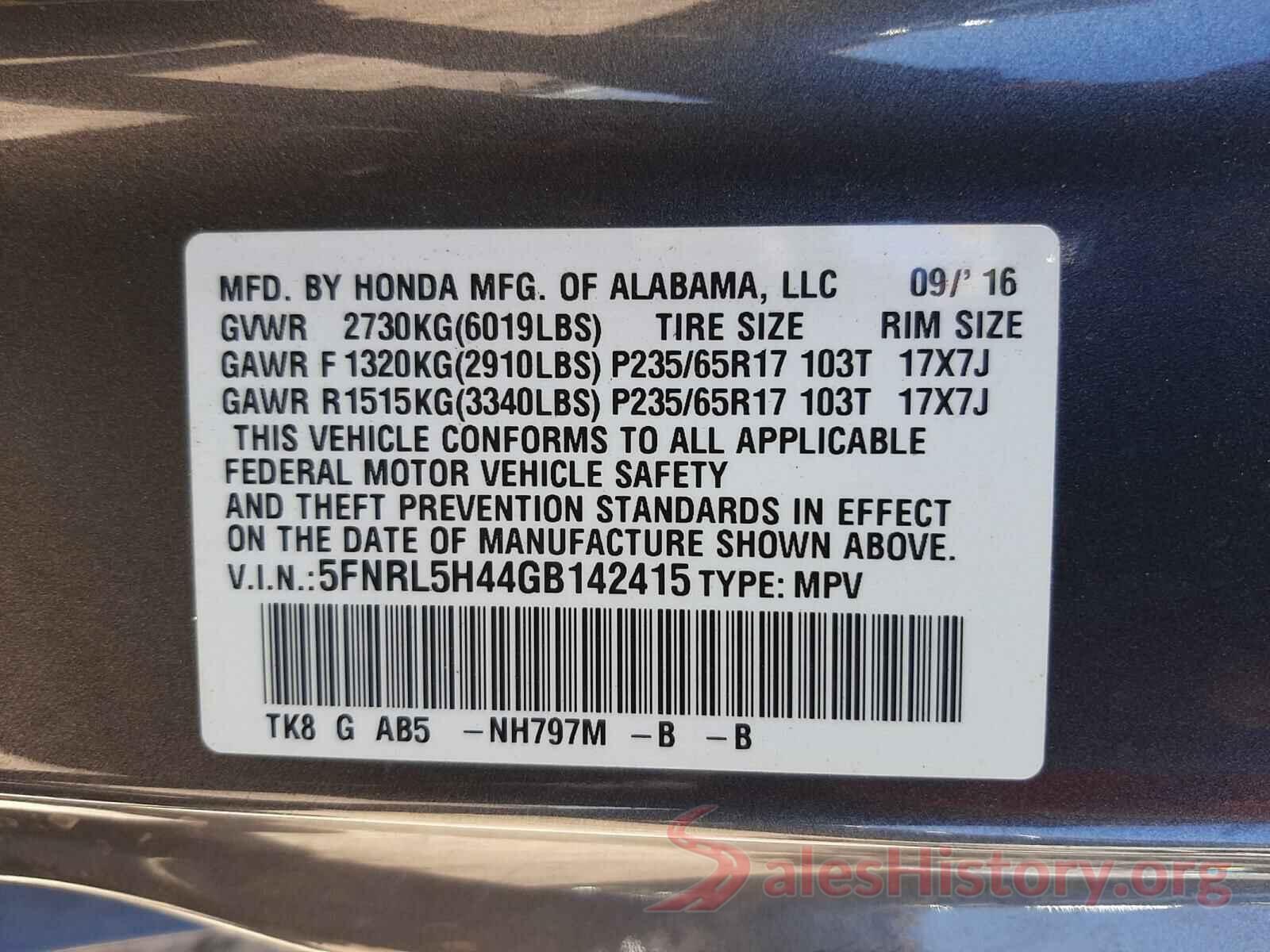 5FNRL5H44GB142415 2016 HONDA ODYSSEY