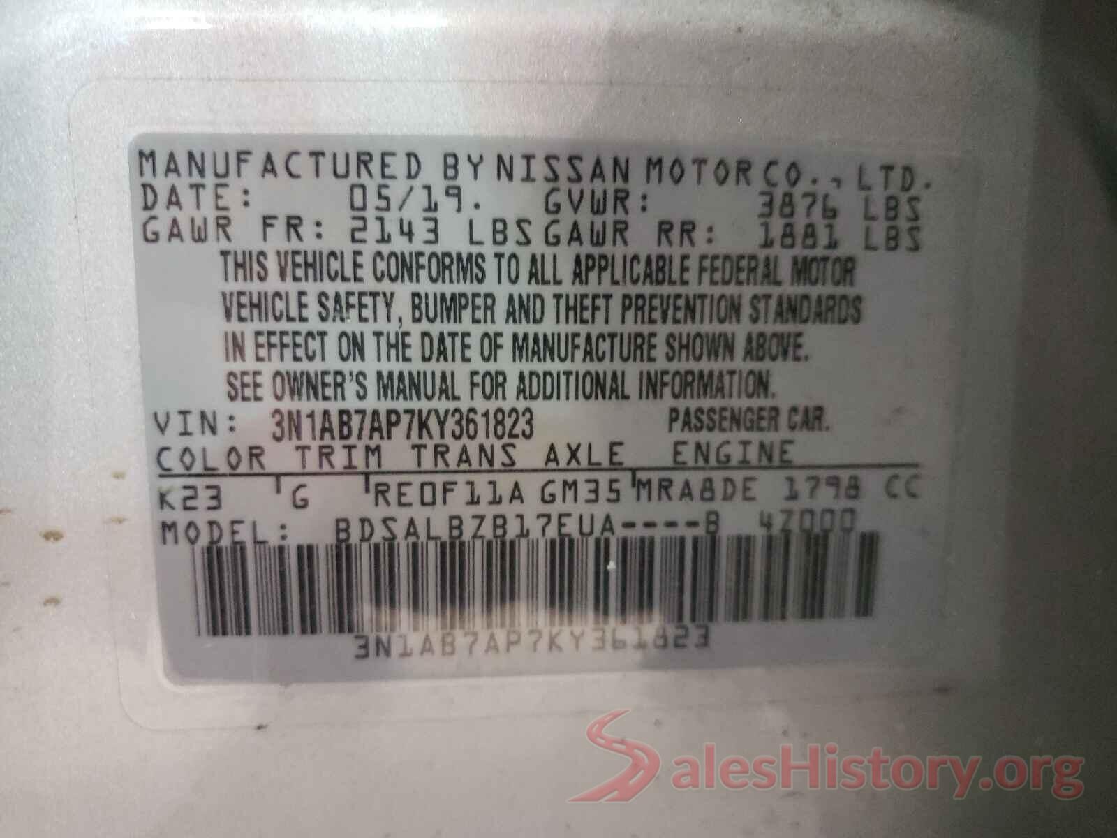 3N1AB7AP7KY361823 2019 NISSAN SENTRA