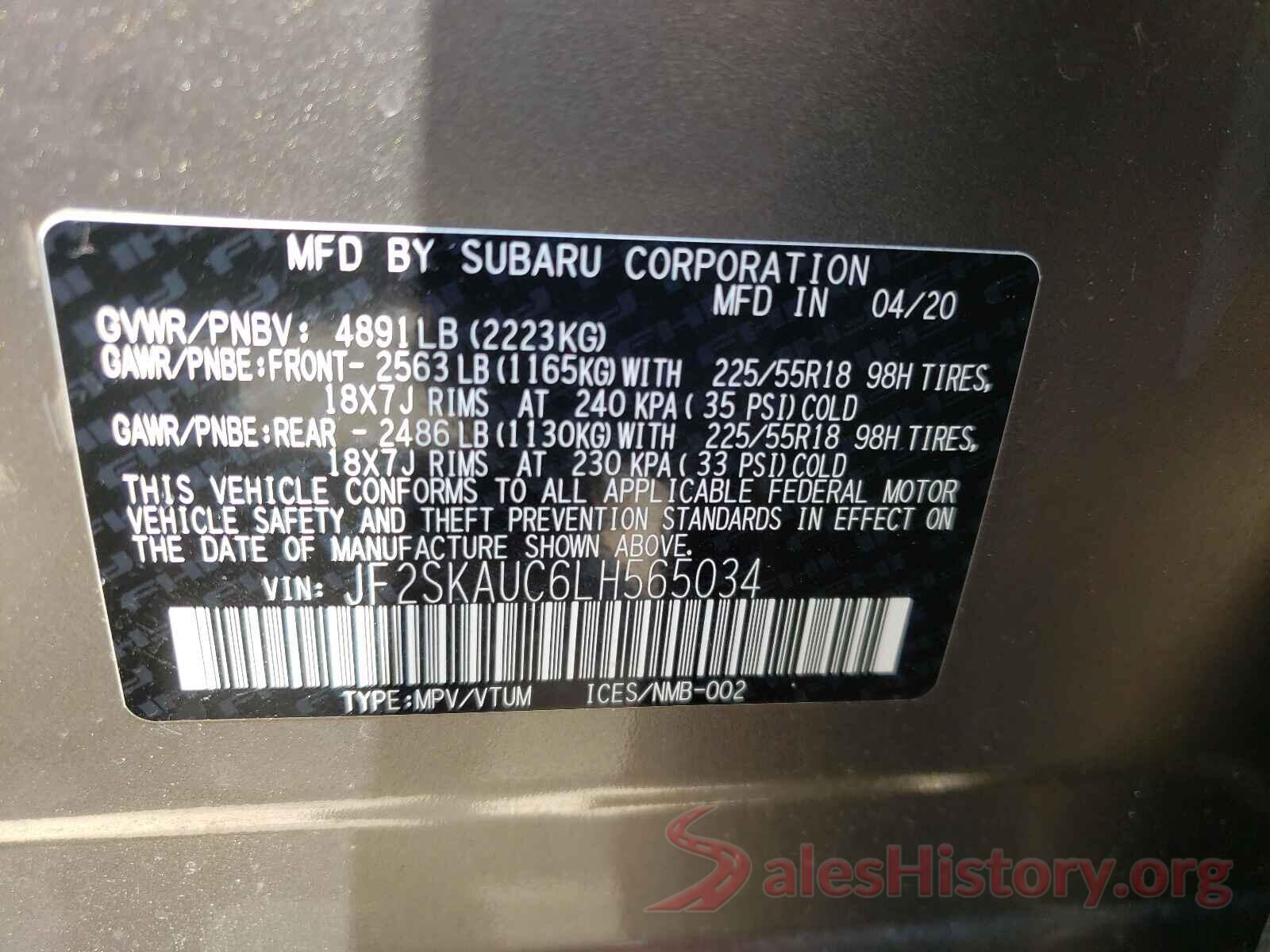 JF2SKAUC6LH565034 2020 SUBARU FORESTER