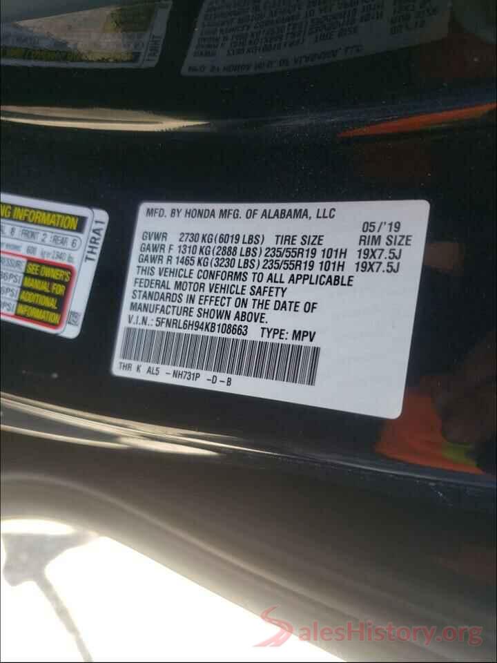 5FNRL6H94KB108663 2019 HONDA ODYSSEY