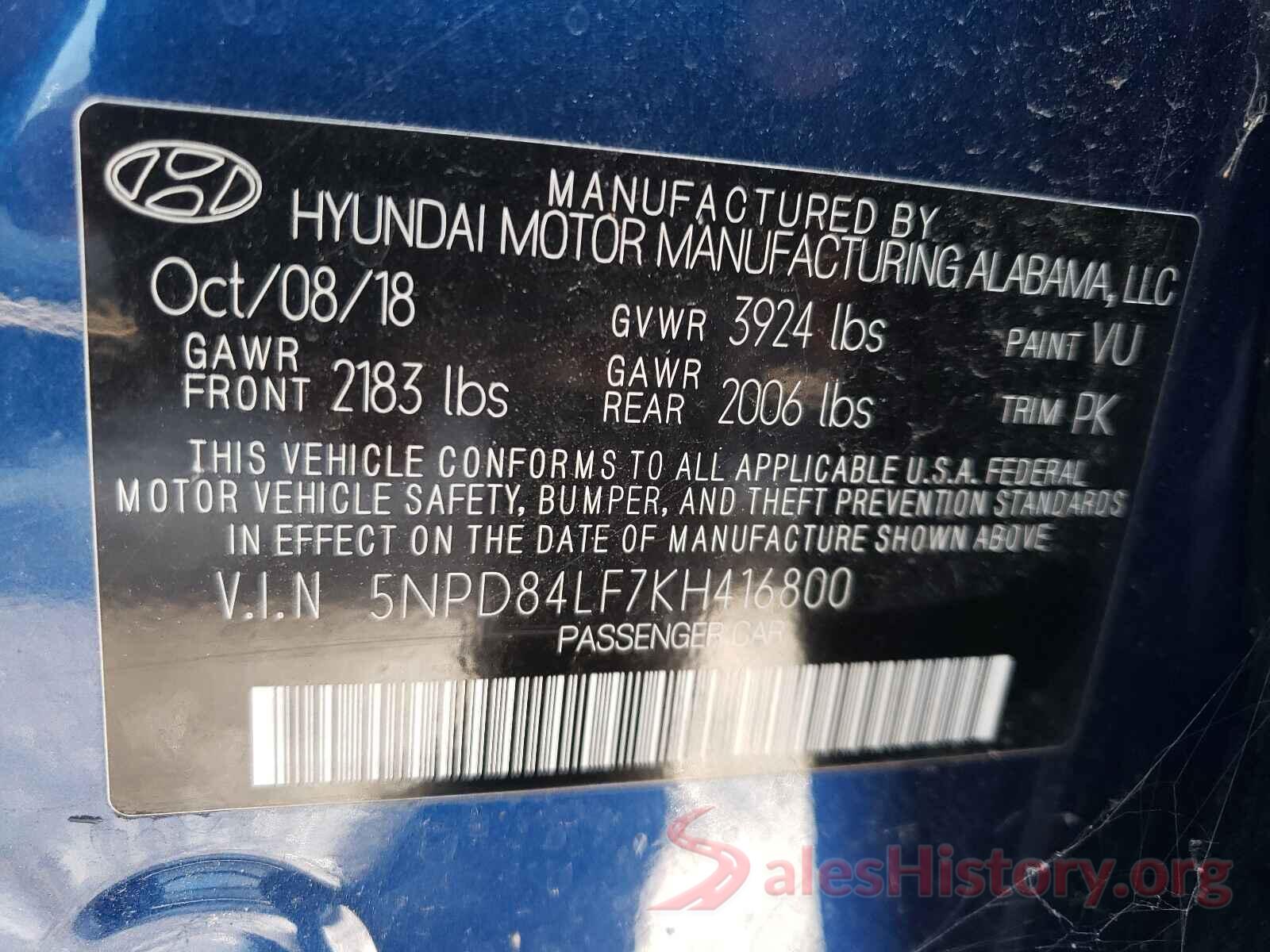 5NPD84LF7KH416800 2019 HYUNDAI ELANTRA