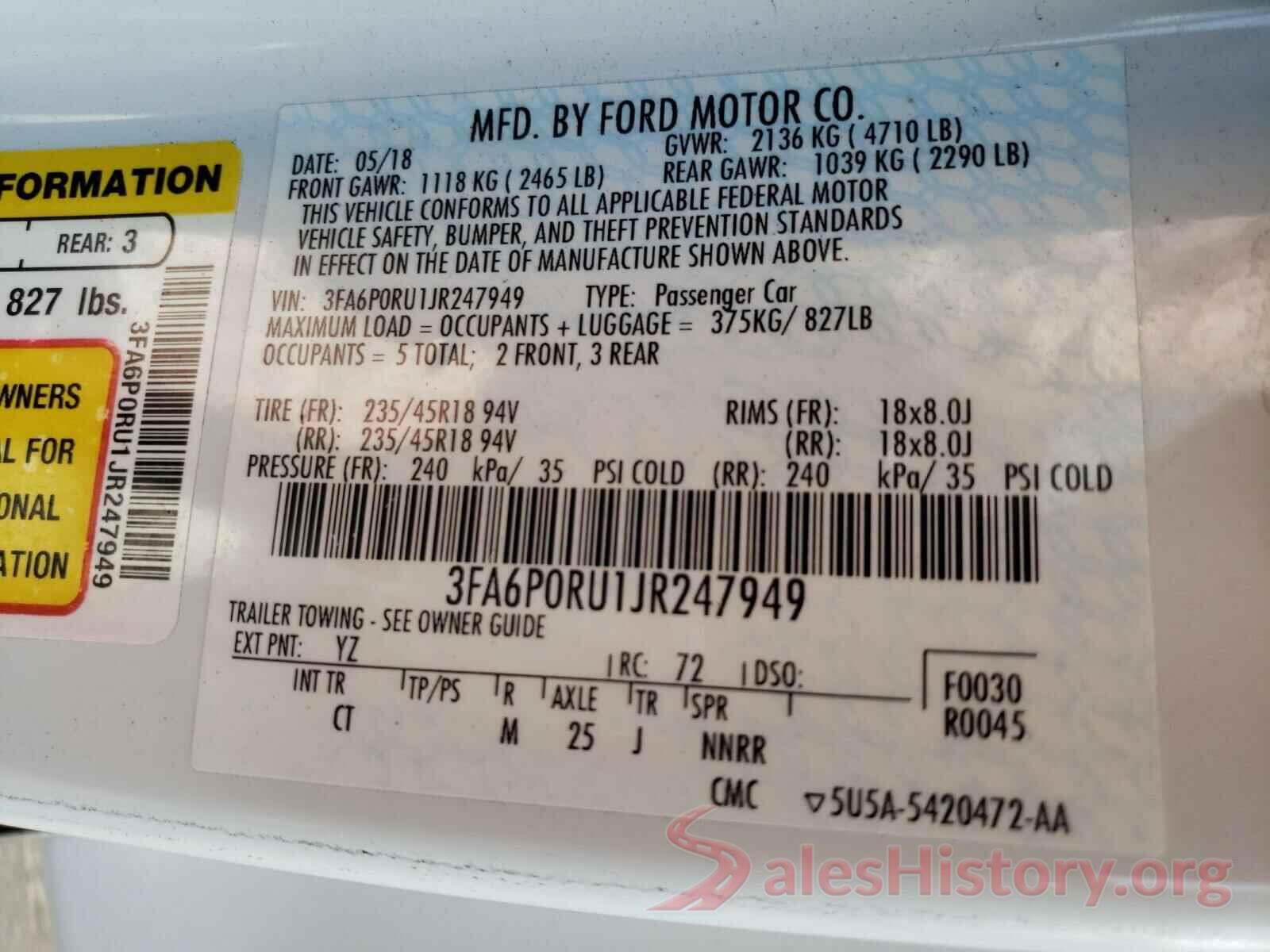 3FA6P0RU1JR247949 2018 FORD FUSION