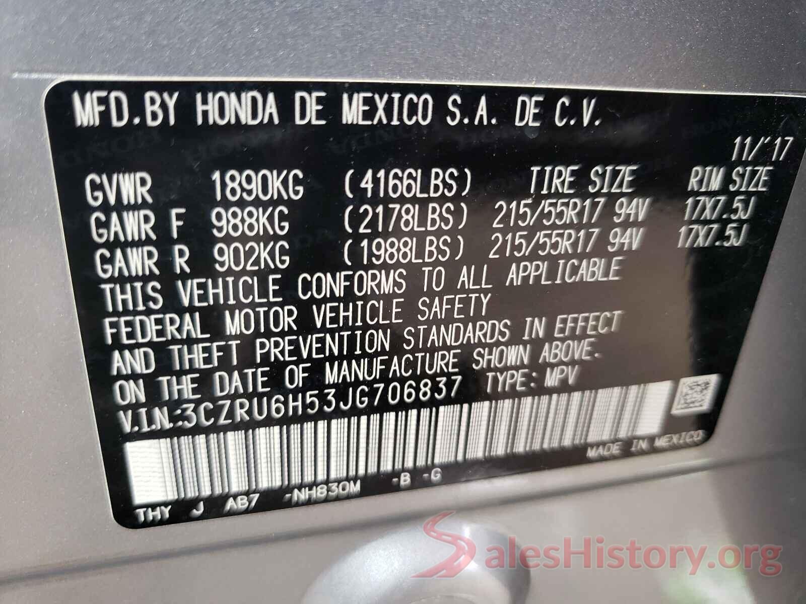 3CZRU6H53JG706837 2018 HONDA HR-V