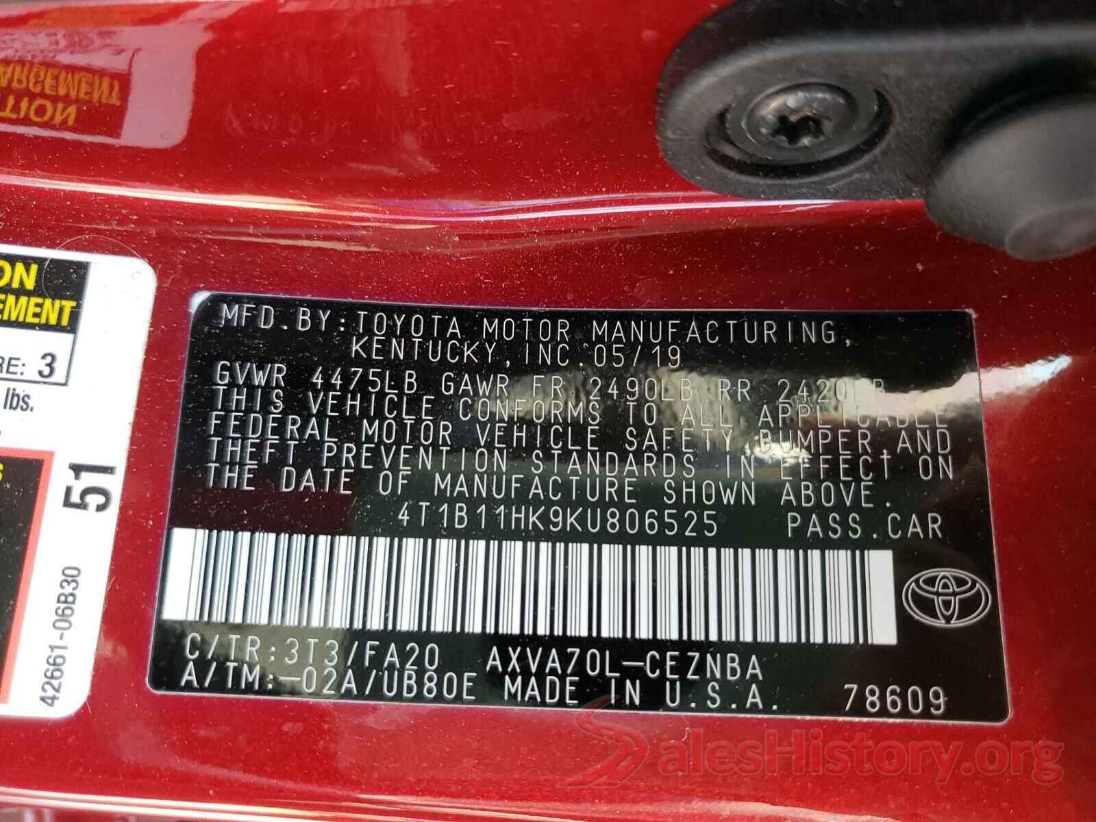 4T1B11HK9KU806525 2019 TOYOTA CAMRY