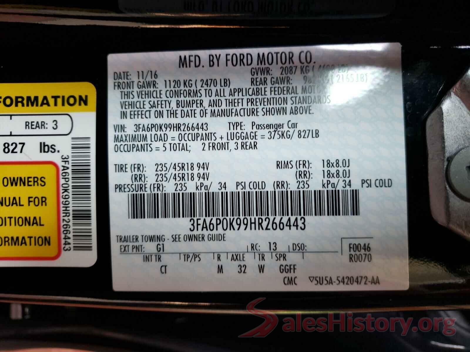 3FA6P0K99HR266443 2017 FORD FUSION