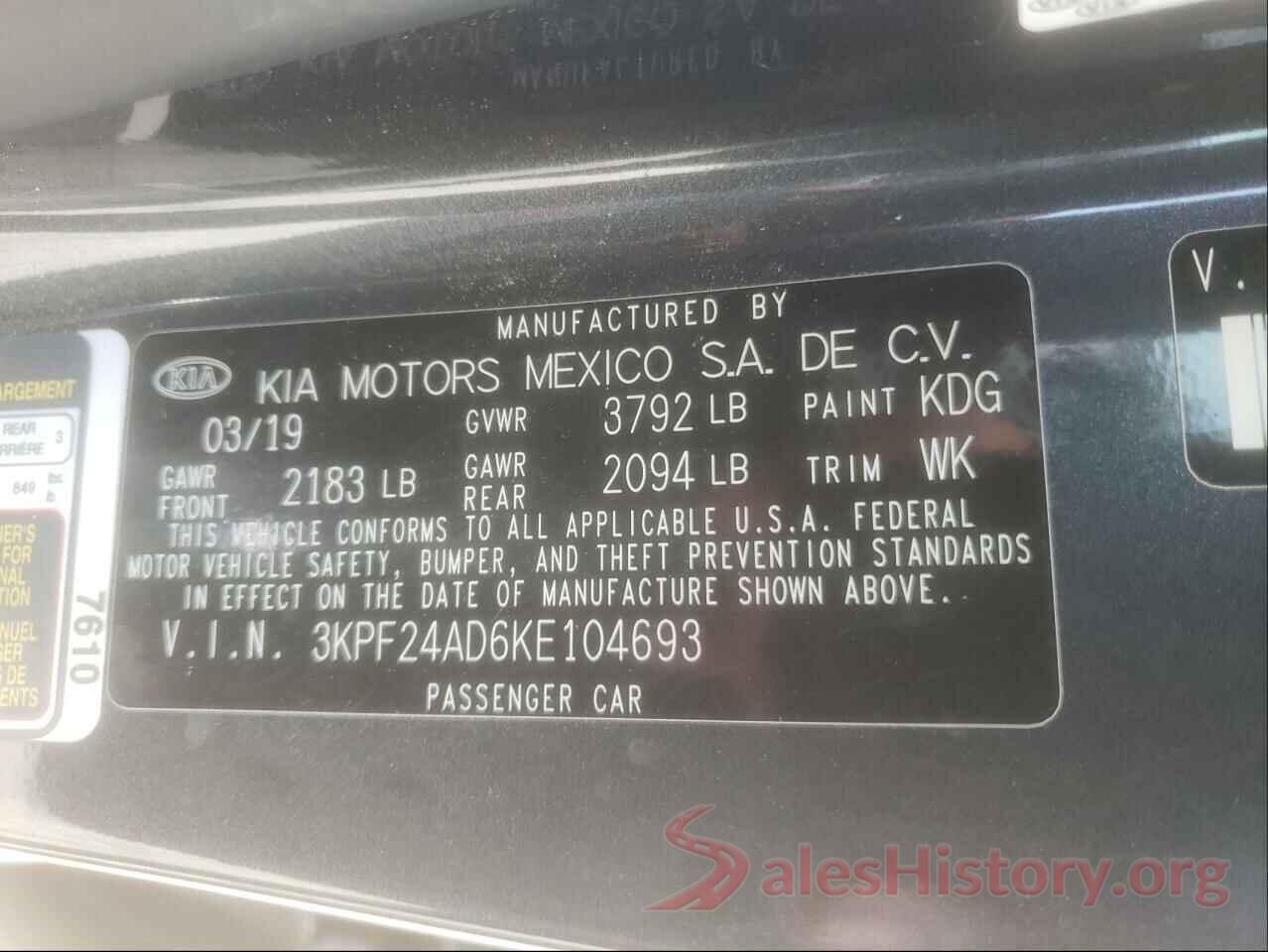 3KPF24AD6KE104693 2019 KIA FORTE