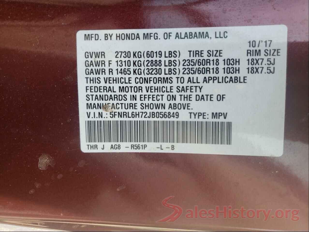 5FNRL6H72JB056849 2018 HONDA ODYSSEY