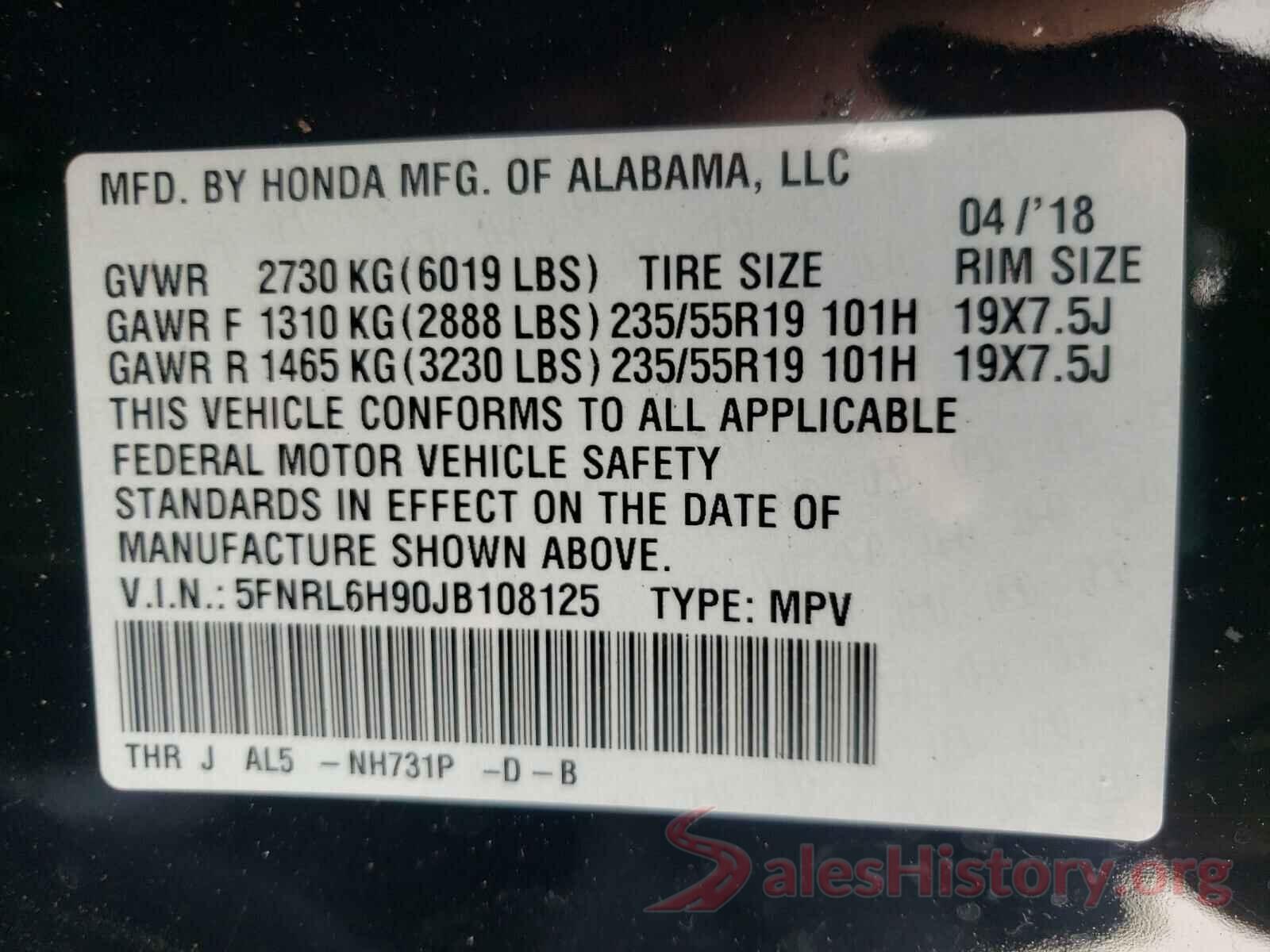 5FNRL6H90JB108125 2018 HONDA ODYSSEY