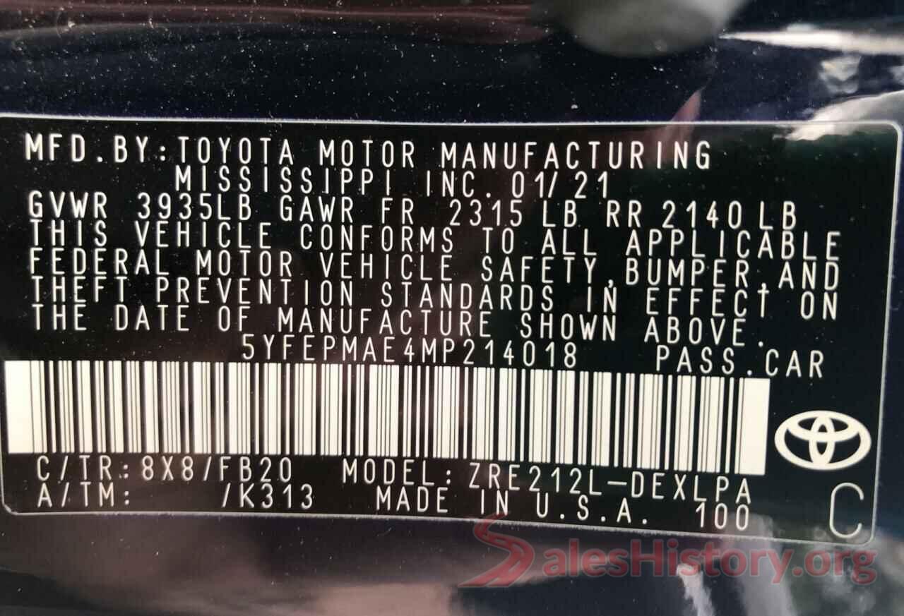 5YFEPMAE4MP214018 2021 TOYOTA COROLLA