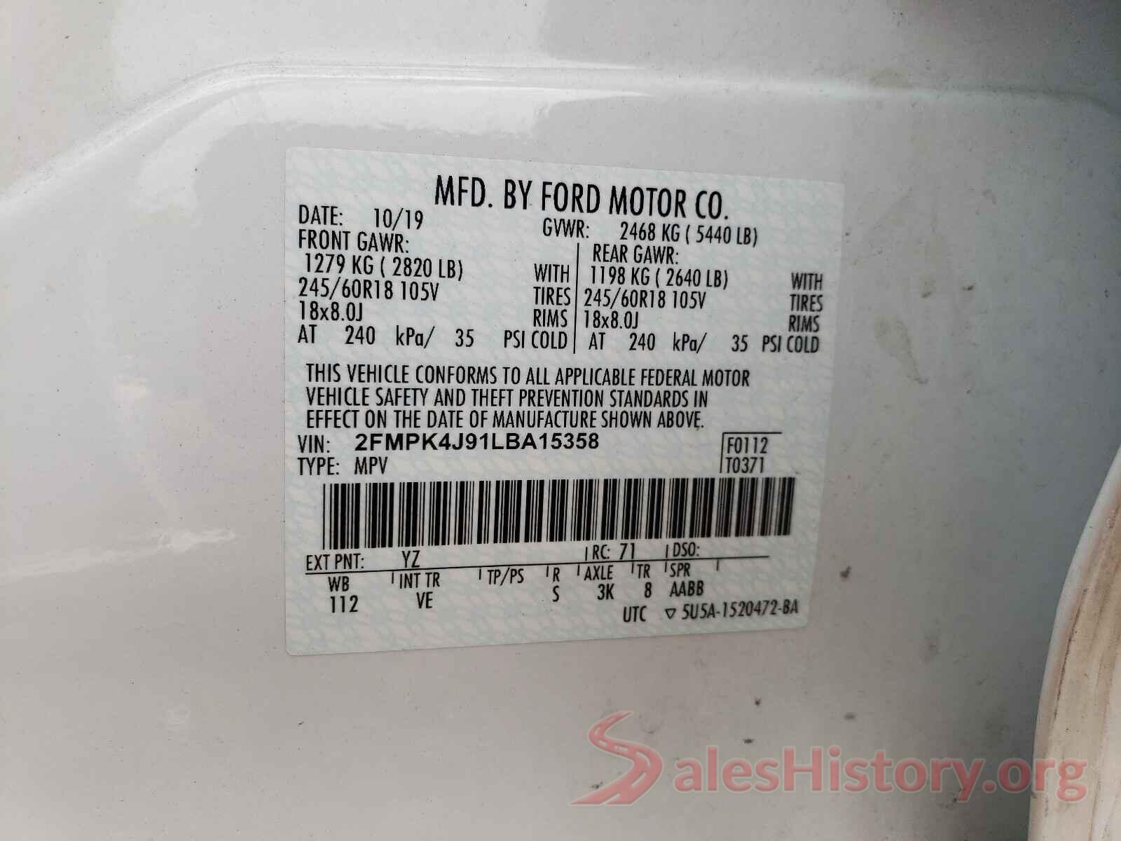 2FMPK4J91LBA15358 2020 FORD EDGE