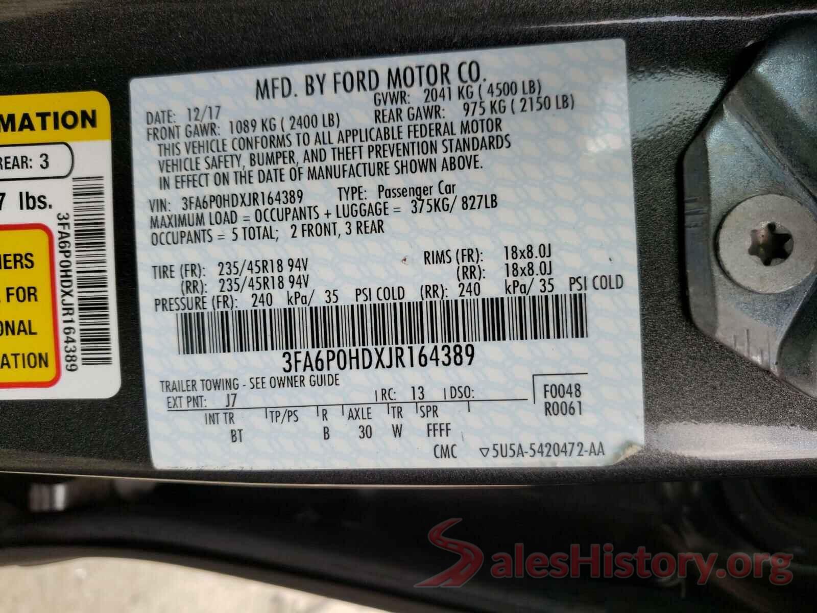 3FA6P0HDXJR164389 2018 FORD FUSION