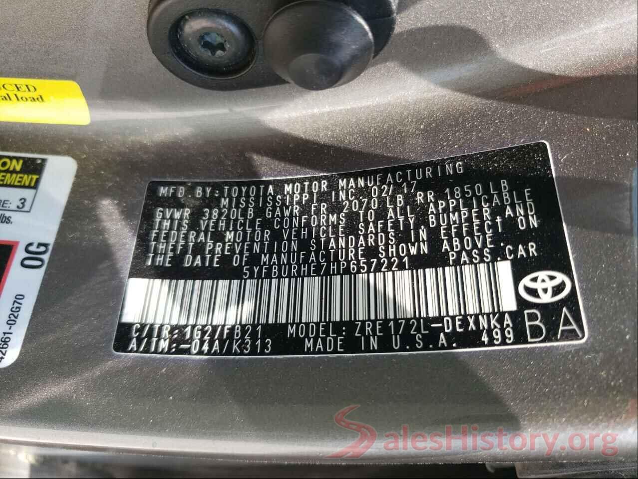 5YFBURHE7HP657221 2017 TOYOTA COROLLA