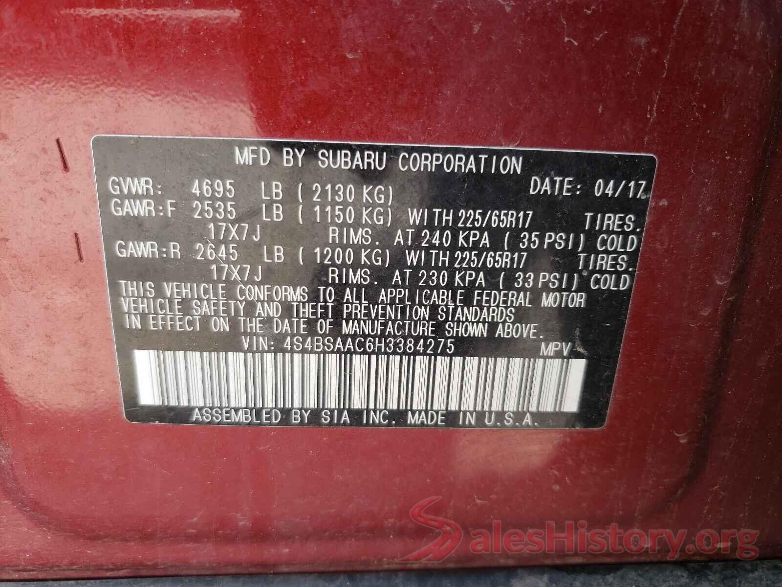 4S4BSAAC6H3384275 2017 SUBARU OUTBACK