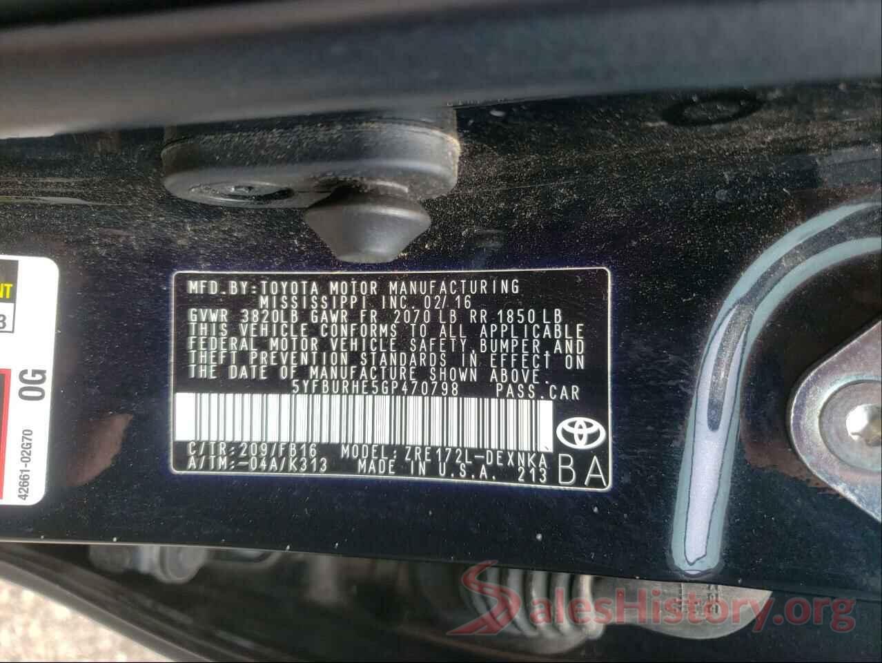 5YFBURHE5GP470798 2016 TOYOTA COROLLA