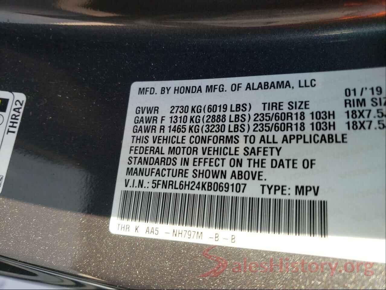 5FNRL6H24KB069107 2019 HONDA ODYSSEY