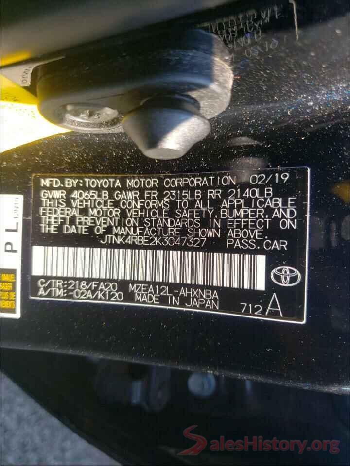 JTNK4RBE2K3047327 2019 TOYOTA COROLLA