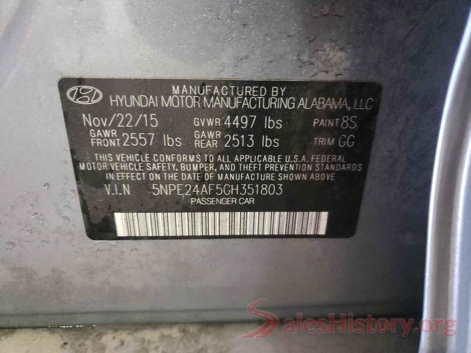 5NPE24AF5GH351803 2016 HYUNDAI SONATA