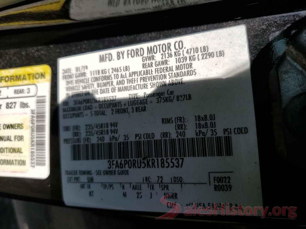 3FA6P0RU5KR185537 2019 FORD FUSION