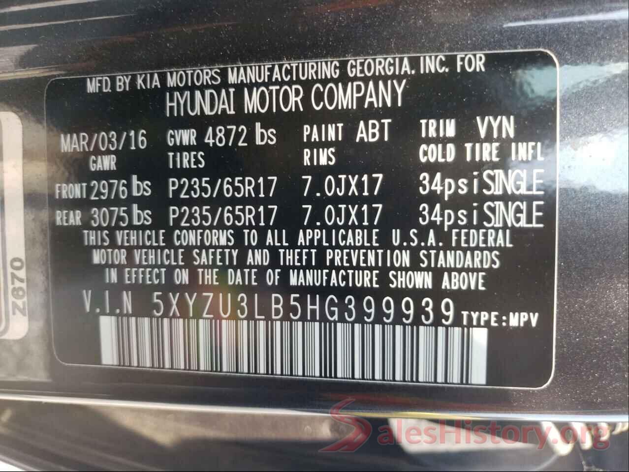 5XYZU3LB5HG399939 2017 HYUNDAI SANTA FE