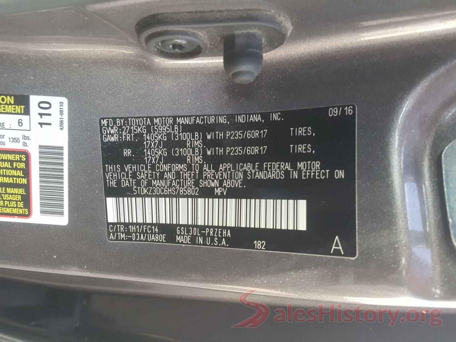 5TDKZ3DC6HS785802 2017 TOYOTA SIENNA