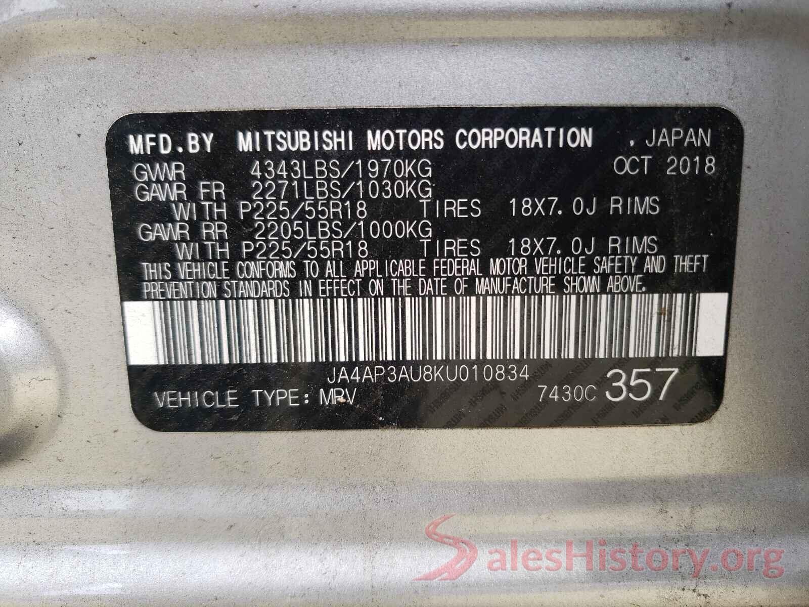 JA4AP3AU8KU010834 2019 MITSUBISHI OUTLANDER