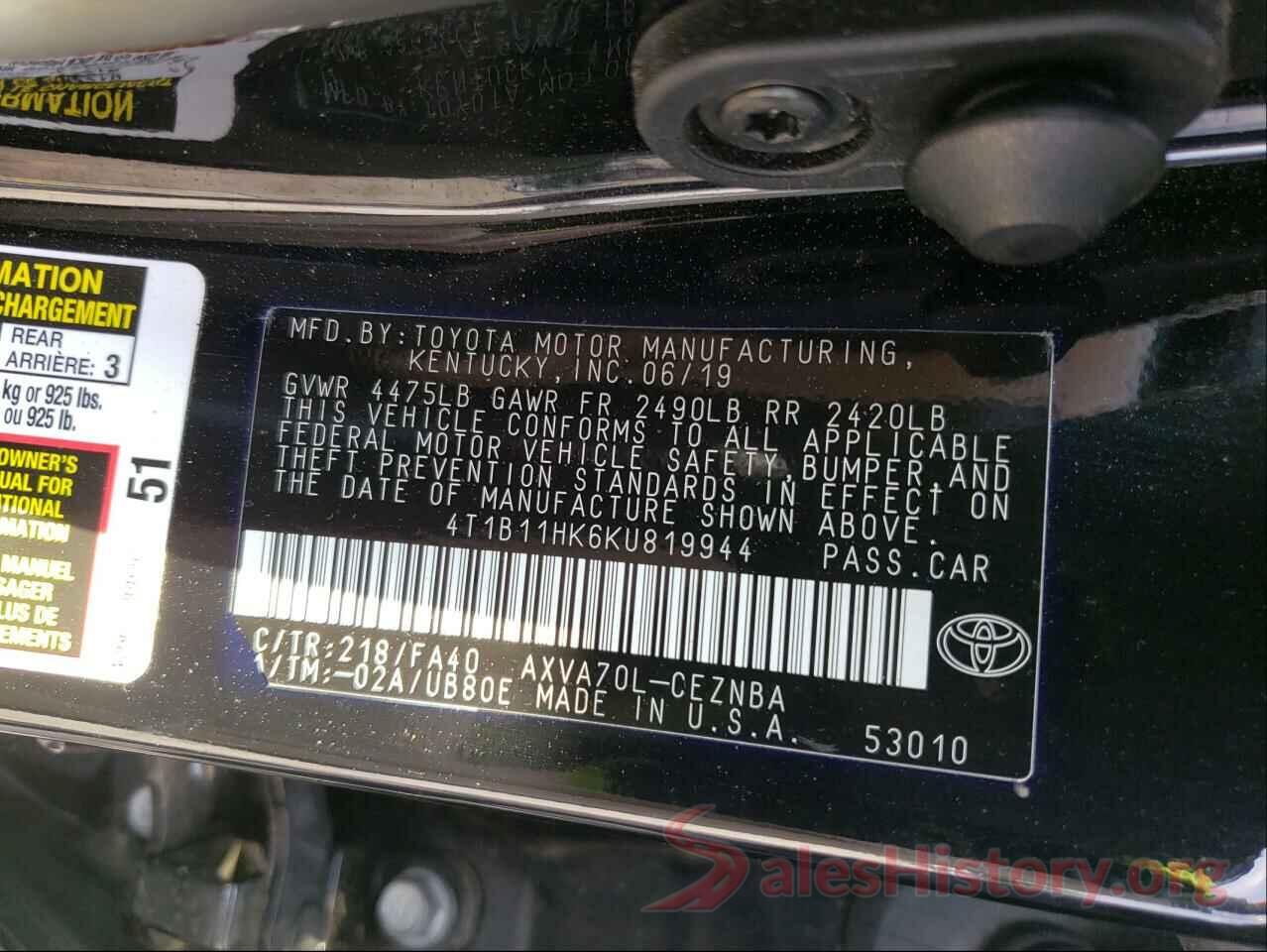 4T1B11HK6KU819944 2019 TOYOTA CAMRY