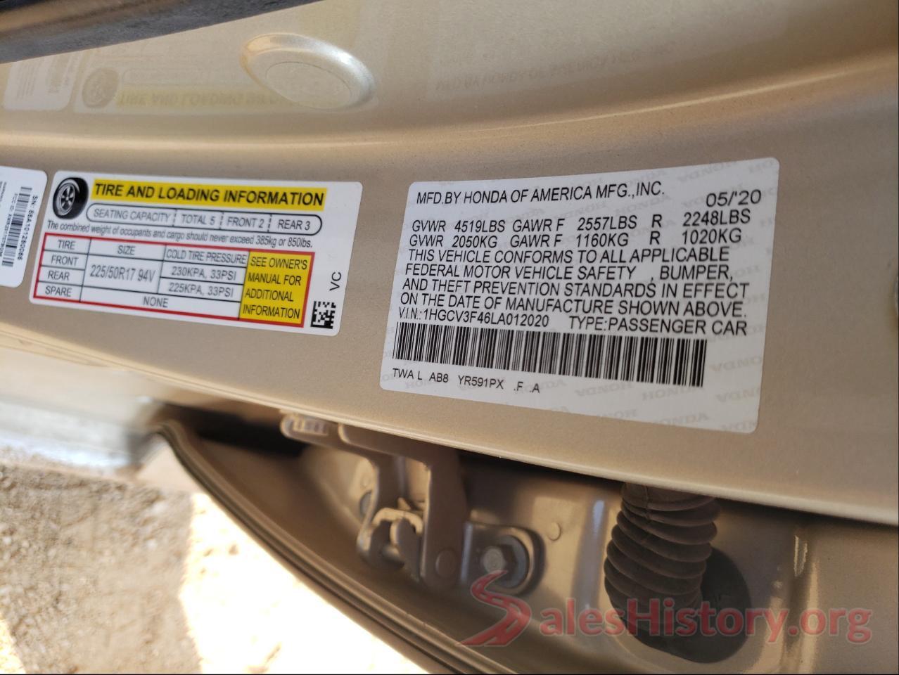 1HGCV3F46LA012020 2020 HONDA ACCORD