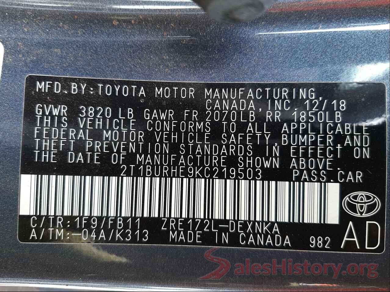 2T1BURHE9KC219503 2019 TOYOTA COROLLA