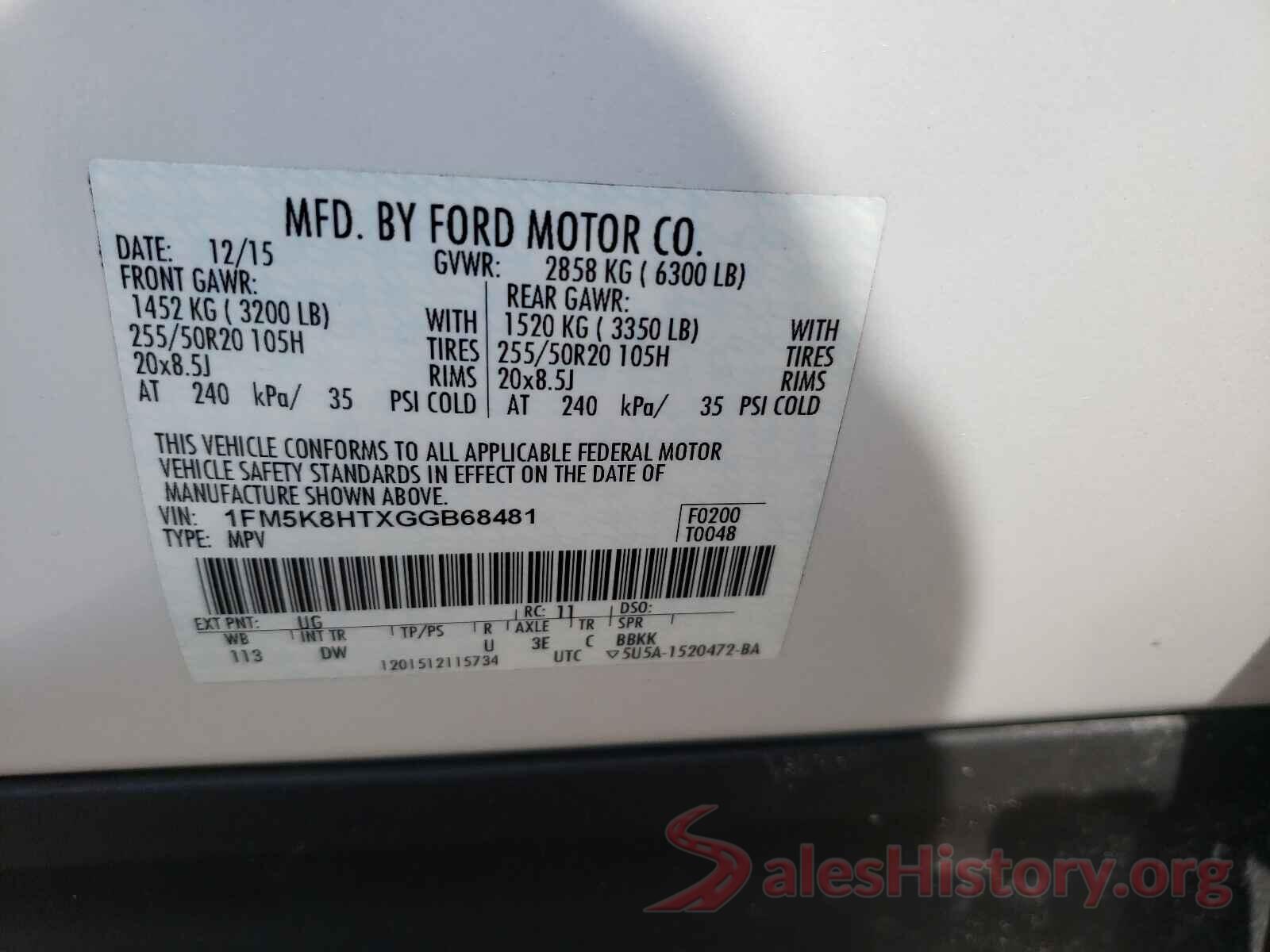 1FM5K8HTXGGB68481 2016 FORD EXPLORER